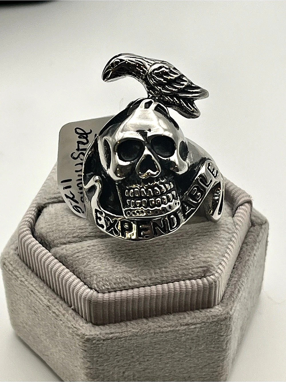 Stainless Steel Skull & Bird Statement Ring Size 11